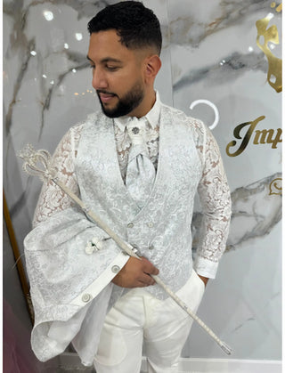 Traje ceremonia blanco plata brocado Ref. 529