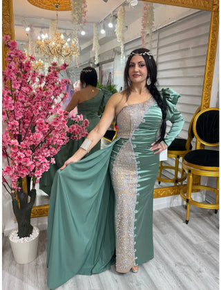 VESTIDO VERDE AGUA CON PEDRERIA REF. 2071