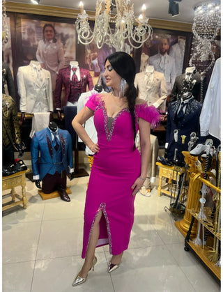 VESTIDO FUCSIA CON PLUMAS REF.1353