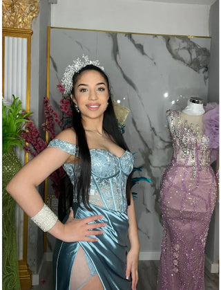 VESTIDO CELESTE METALIZADO CON CORSET REF. 1818