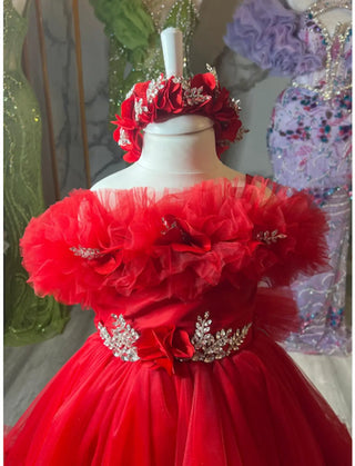 VESTIDO ROJO CON COLA Y FLORES REF. 1809